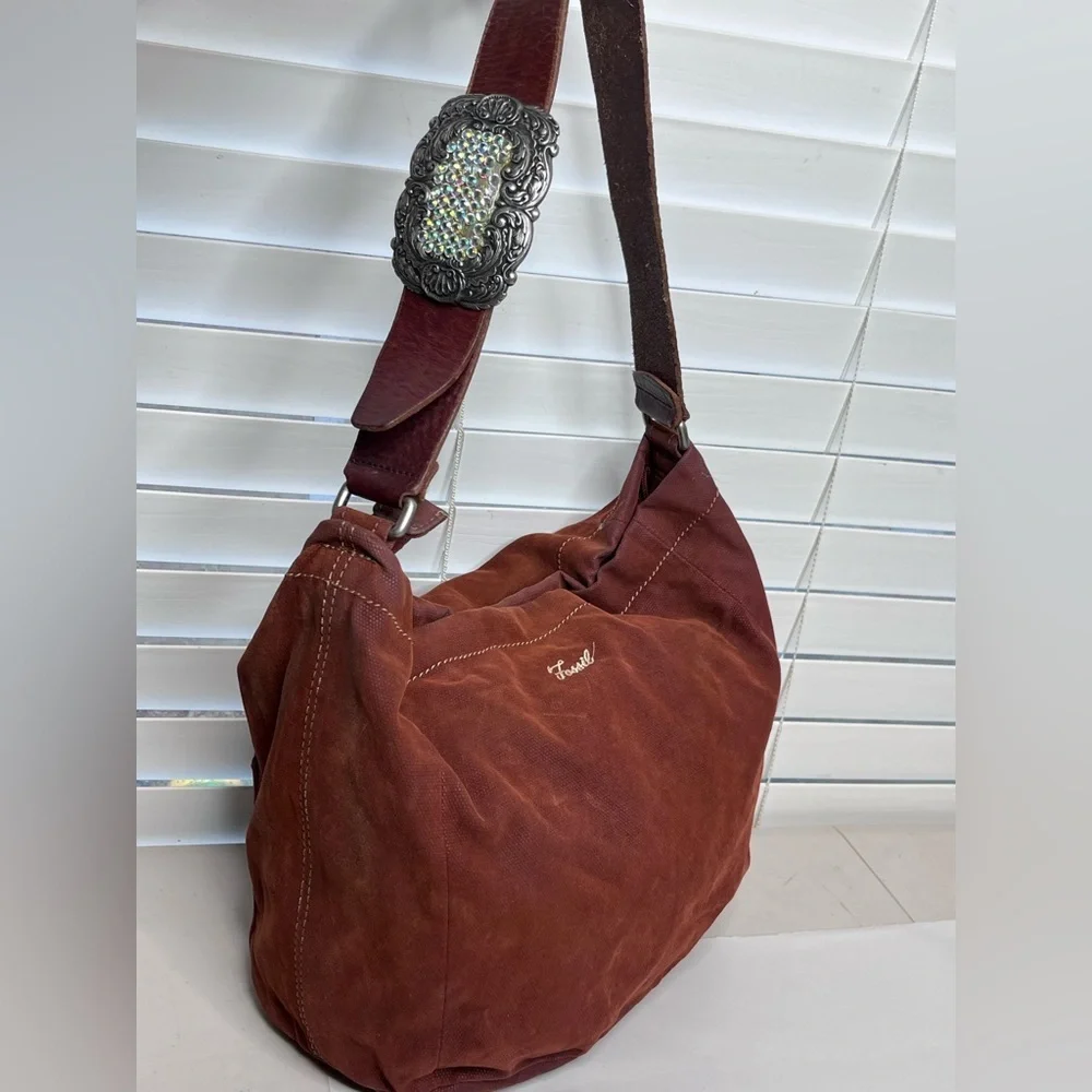 Fossil Rhinestone Buckle Leather Strap Brown Boho Canvas Hobo Bag